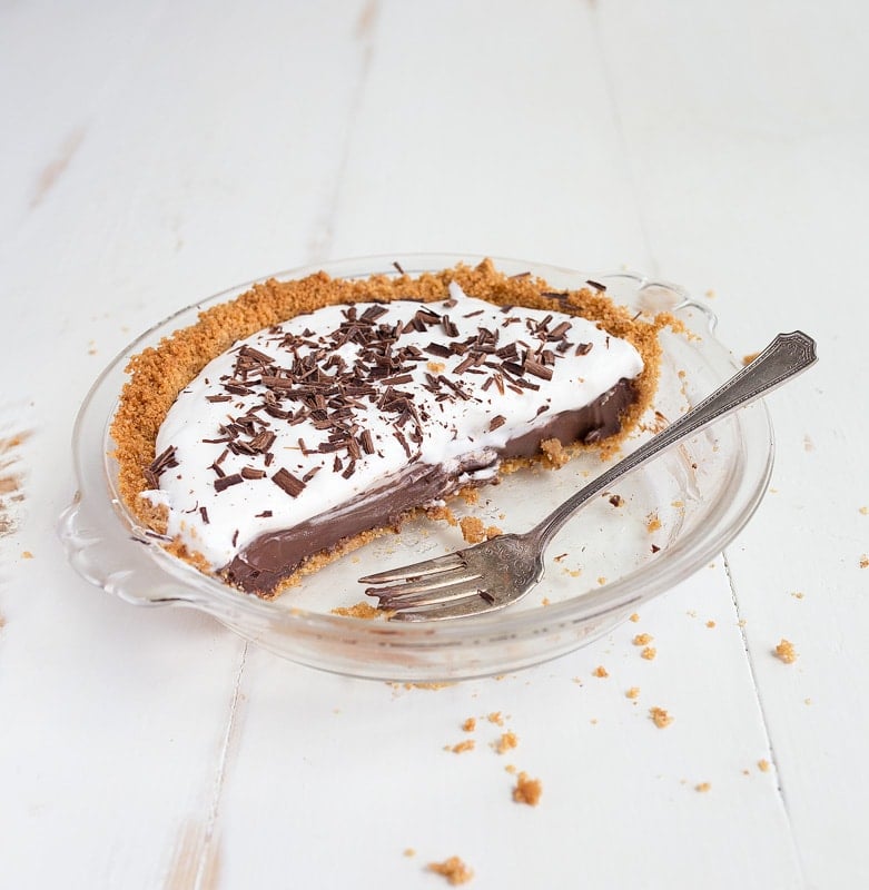 Mini Chocolate Cream Pie for Two. Made in a small pie pan that measures 6" across.