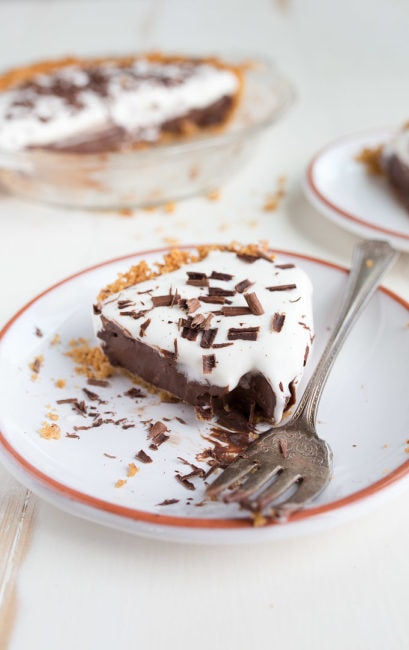 Mini Chocolate Cream Pie for Two. Made in a small pie pan that measures 6" across.