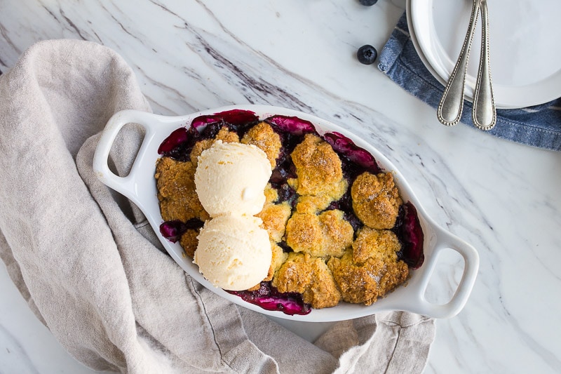Blueberry Cobbler for Two with Cornmeal Biscuit Topping.