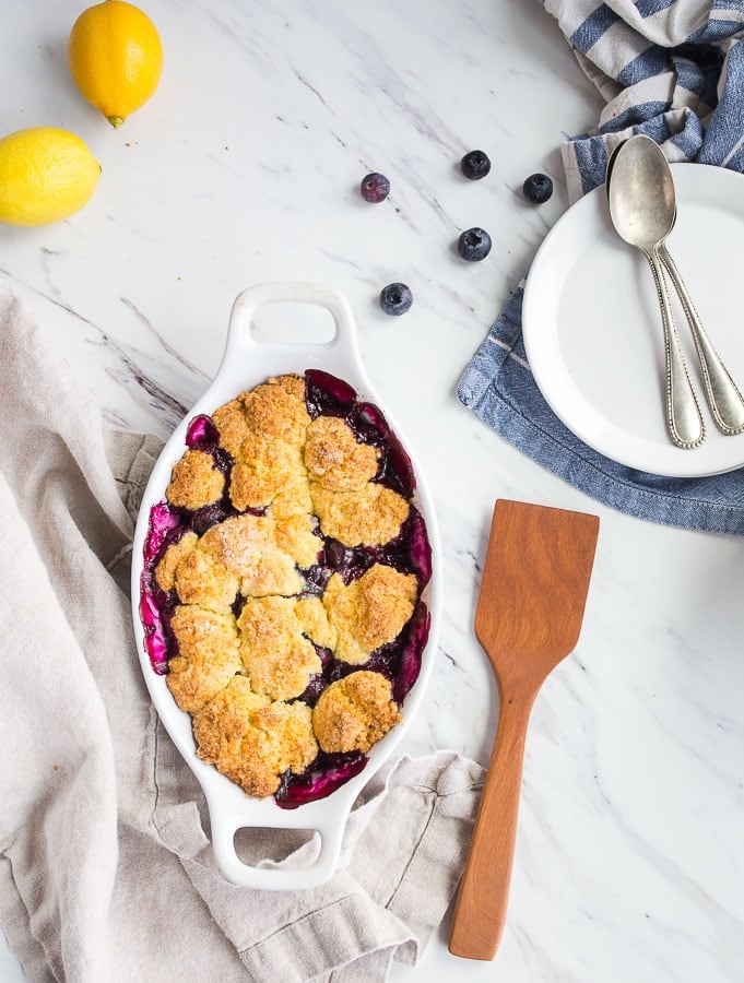 Blueberry Cobbler with Cornmeal Biscuits. Serves two.