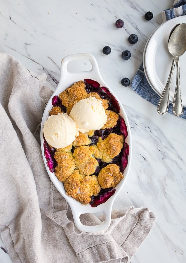Blueberry Cobbler Recipe for Two with Cornmeal Biscuit Topping.
