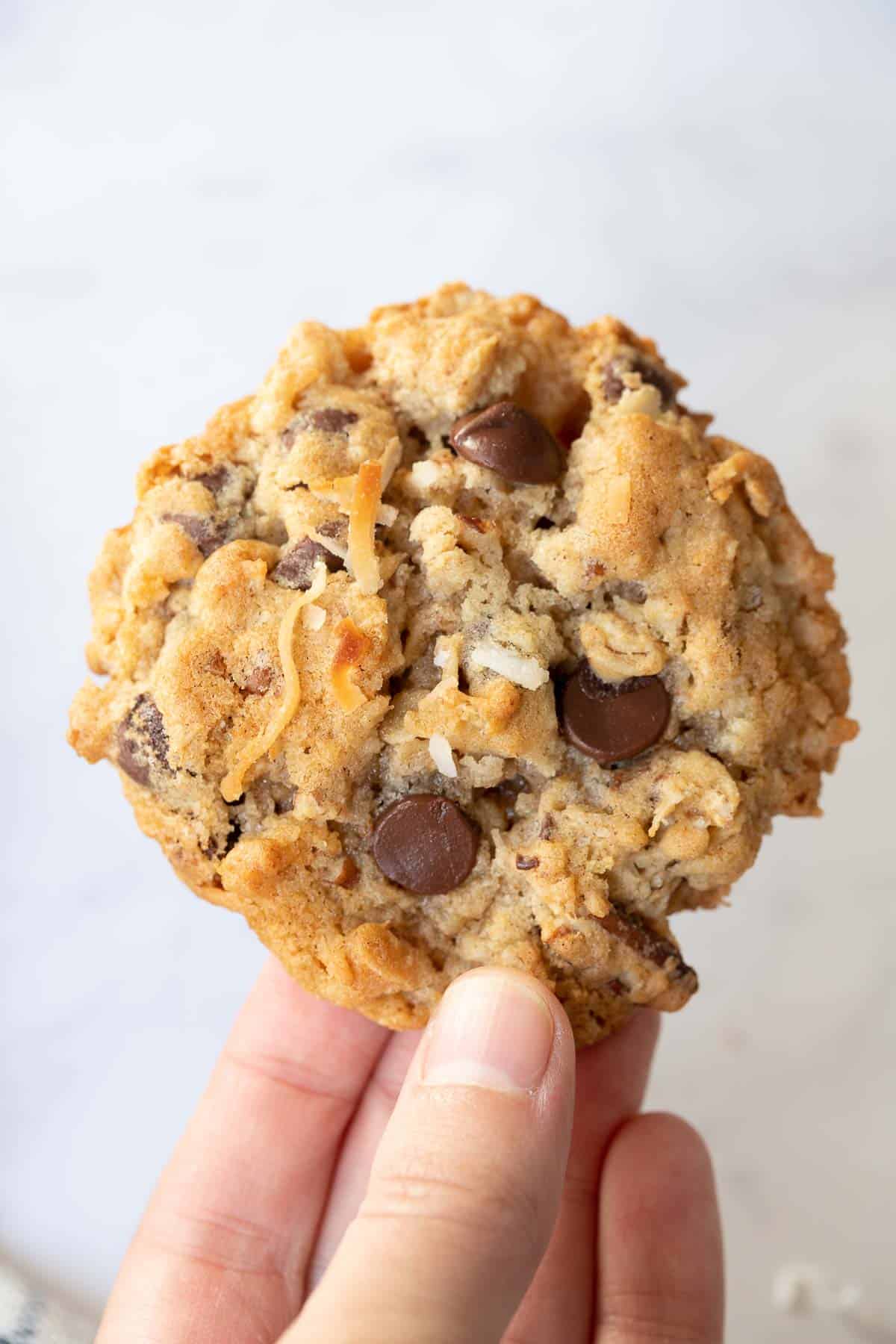 Hand holding a chunky chocolate chip cookie with coconut and pecans.