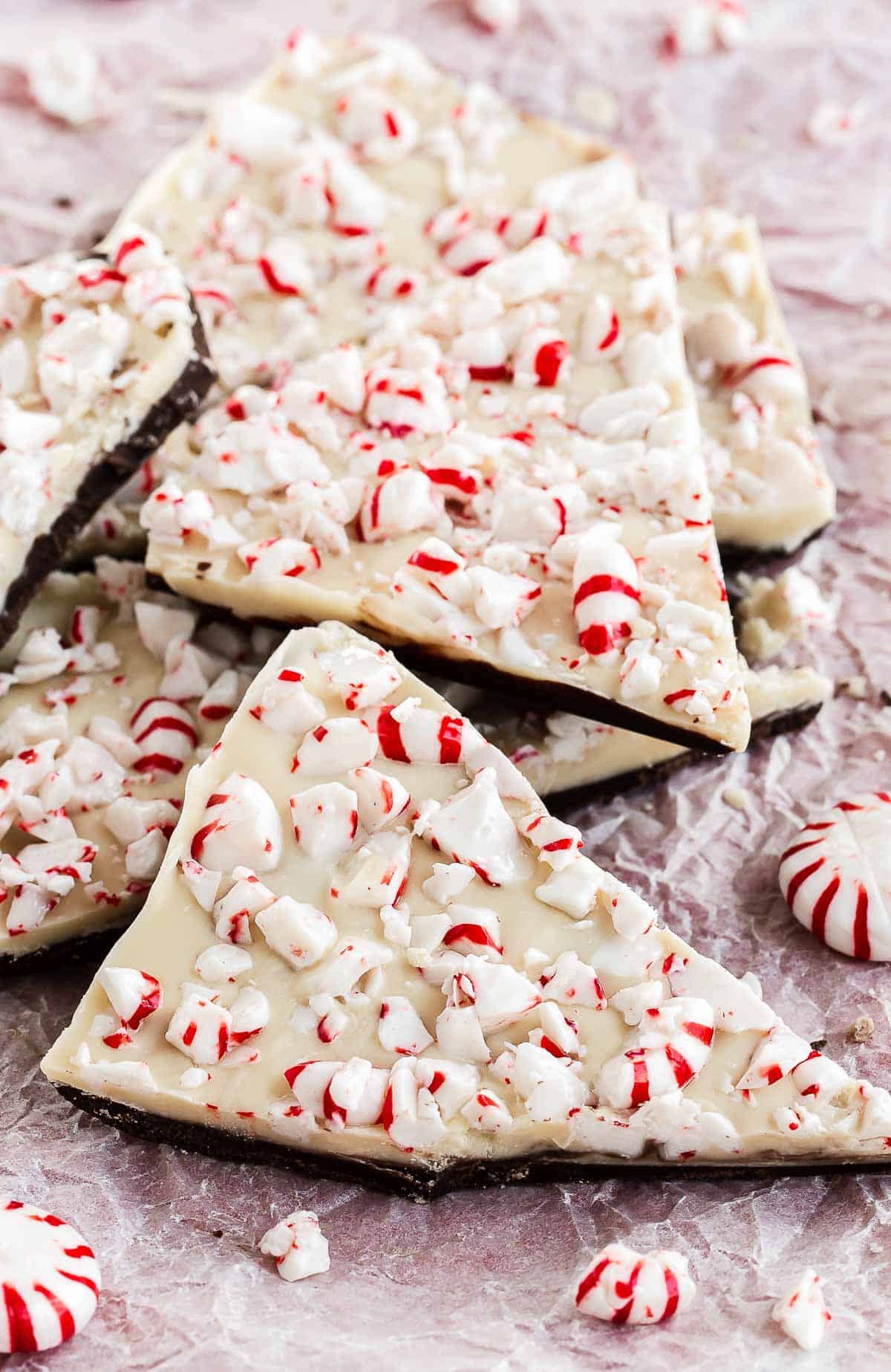 pieces of homemade peppermint bark broken with peppermints