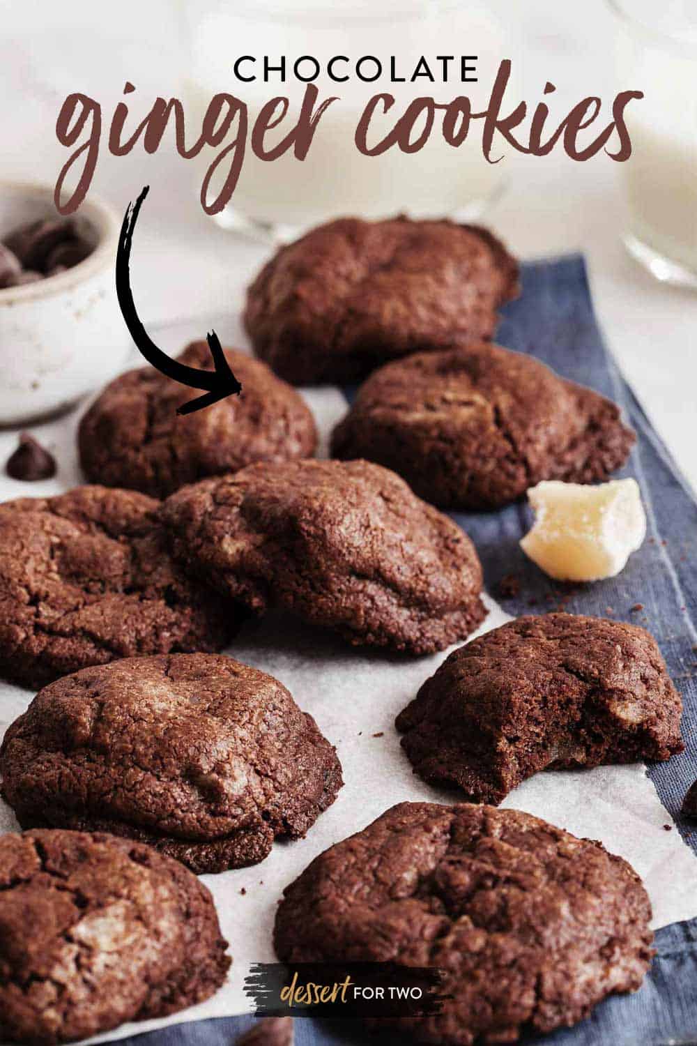 Chocolate ginger cookies on blue napkin.