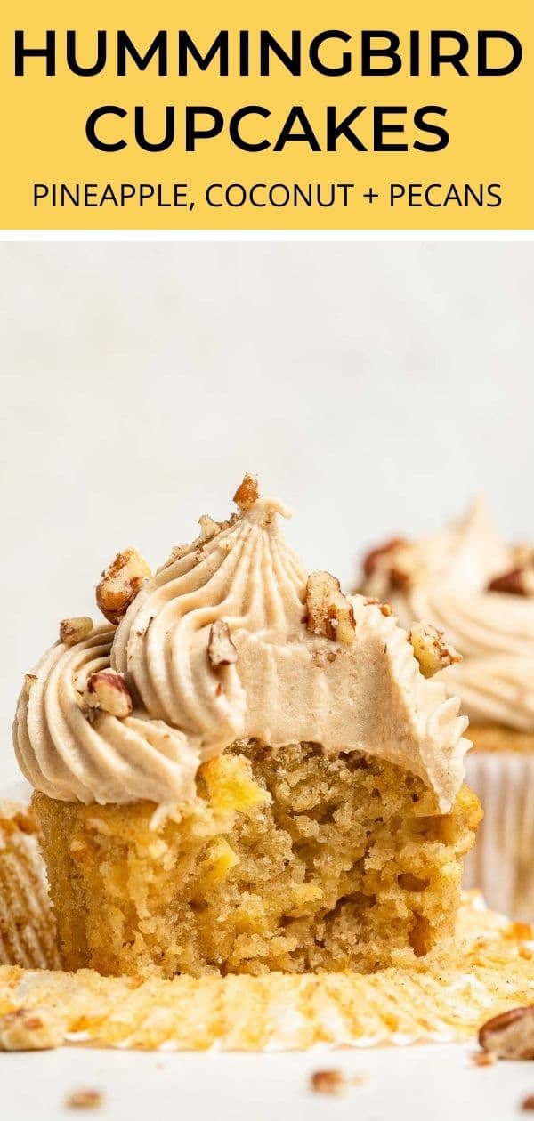 Hummingbird Cake Cupcakes with pecans, coconut, and pineapple. And brown sugar cream cheese frosting!