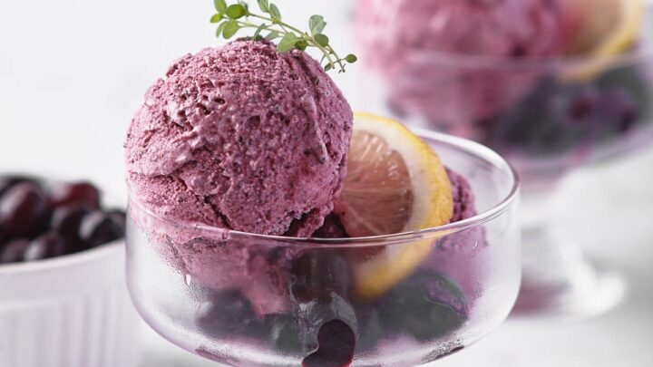 Two glass bowls of blueberry sherbet with lemon and thyme sprig.