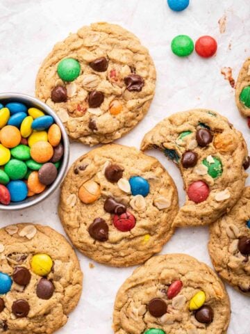 Overhead shot of monster cookies with colorful m&ms.