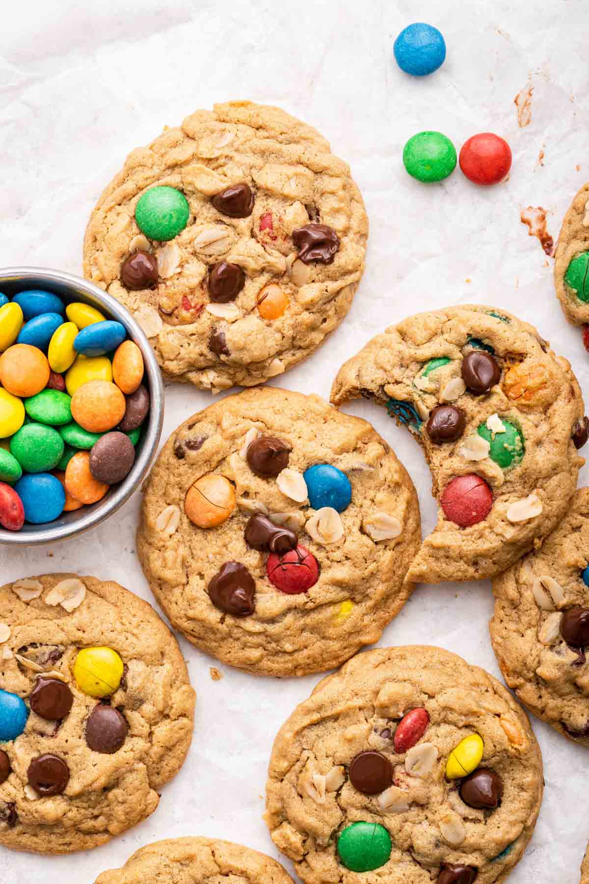 Overhead shot of monster cookies with colorful m&ms.