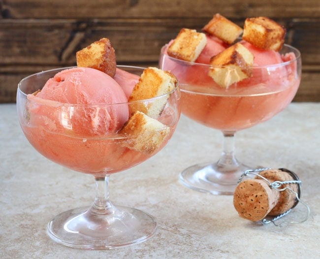 Champagne Sundaes with toasted pound cake croutons - DessertForTwo.com