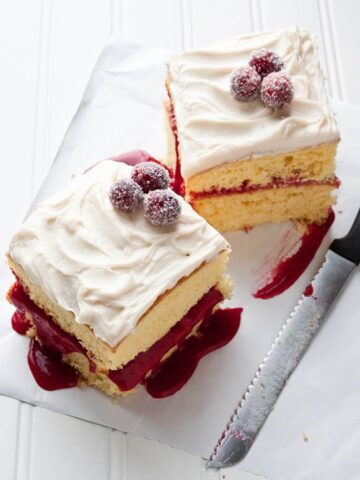 Two squares of cranberry vanilla cake.