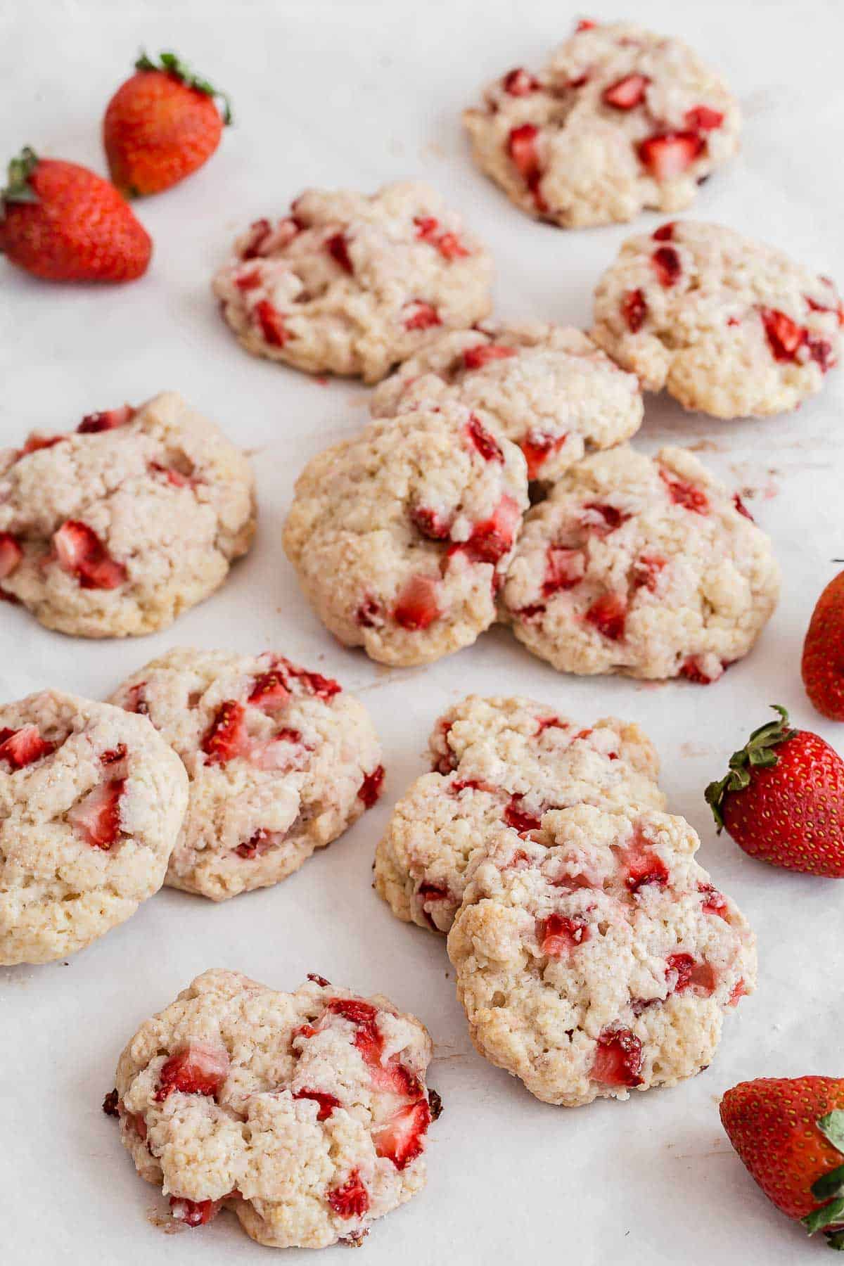Strawberry cookies on a table.