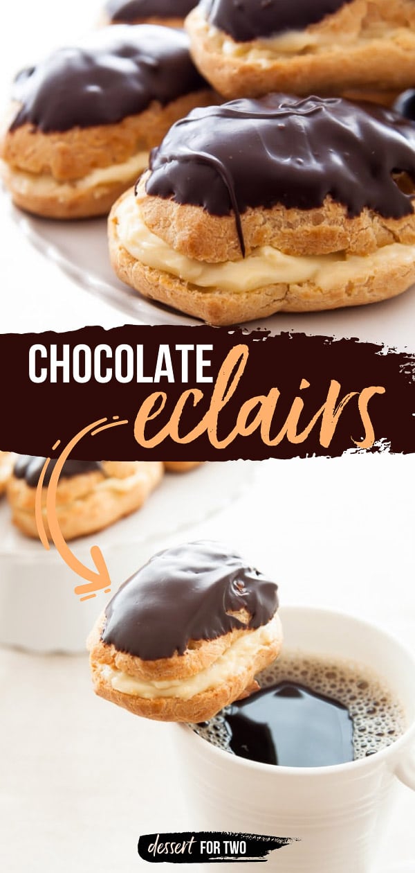Small batch chocolate eclairs recipe for two. Homemade small batch pastry cream recipe, too. #eclairs #eclair #chocolateeclair #smallbatcheclairs #french #pastrycream #frenchdesserts #frenchfood #eclairrecipe