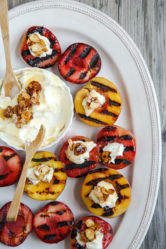 Grilled peaches and plums with almond mascarpone sauce @dessertfortwo