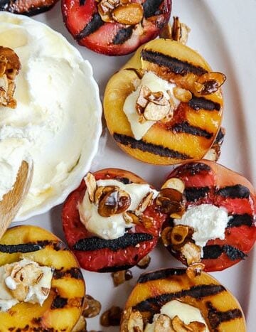 Grilled stone fruit with mascarpone and candied almonds @dessertfortwo