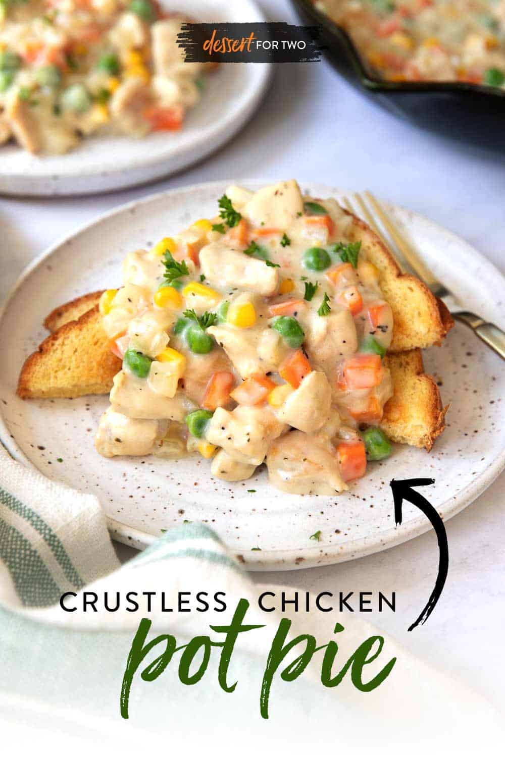 Lazy girl chicken pot pie for two. Serve creamy chicken pot pie over toast and don't mess with a crust! #easyrecipe #chickenrecipe #chickenpotpie #lazyrecipe #toast