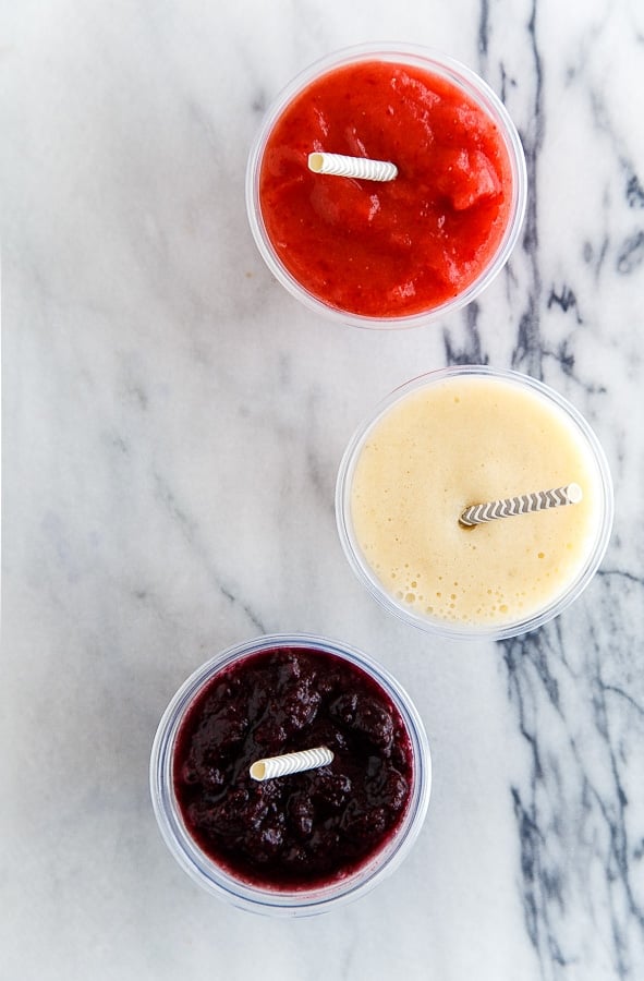 Fruit slushy made with frozen fruit and coconut water. Sugar free!