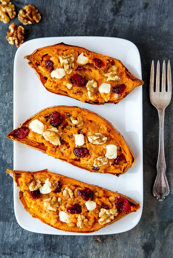 Brie, cranberry-walnut stuffed sweet potatoes. Dinner for two