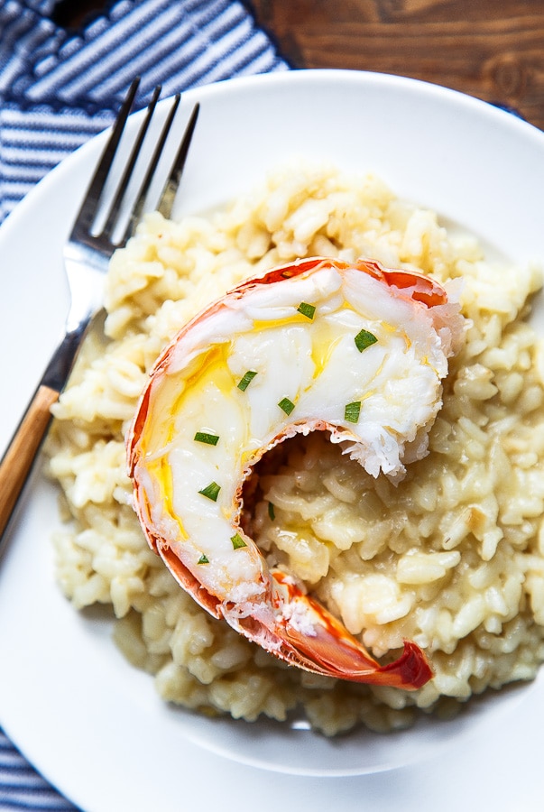 Lobster tail over brown butter risotto rice