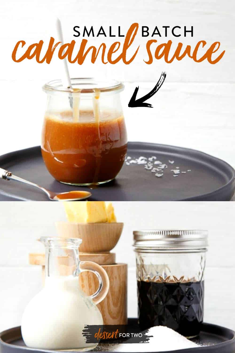 small jar of caramel sauce with ingredients pictured below