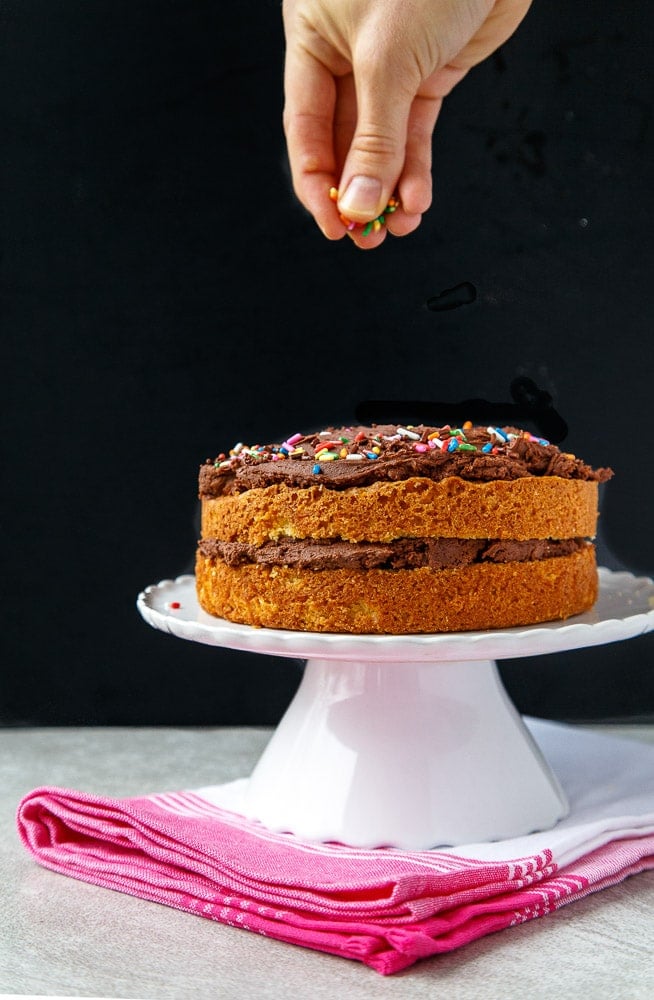 Yellow cake with chocolate fudge frosting for two