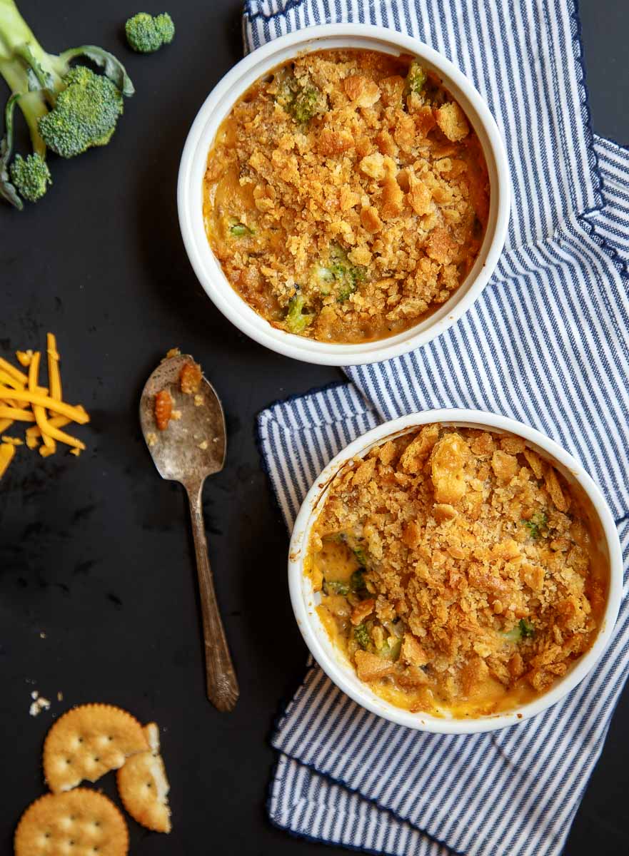 Broccoli cheese and rice casserole, small batch for two. Small casseroles.