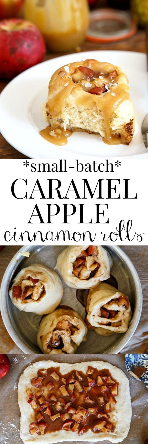 Caramel apple cinnamon rolls for two. A small batch cinnamon roll recipe made with fresh apples and a quick and easy homemade salted caramel sauce. Recipe makes just 4 cinnamon rolls!