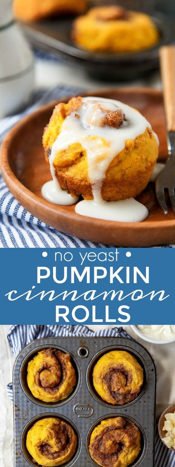 Pumpkin spice cinnamon rolls for two! These pumpkin cinnamon rolls are quickly made in a muffin pan without yeast! #pumpkinspice #pumpkin #pumpkincinnamonrolls #smallbatchcinnamonrolls