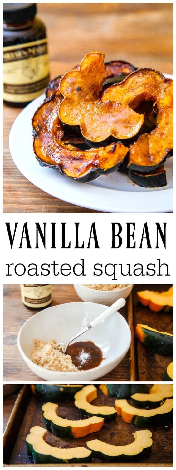 Baked acorn squash recipe with vanilla bean and brown sugar. The best way to eat acorn squash! #thanksgiving #thanksgivingsidedish #acornsquash #howtocookacornsquash #roastedacornsquash