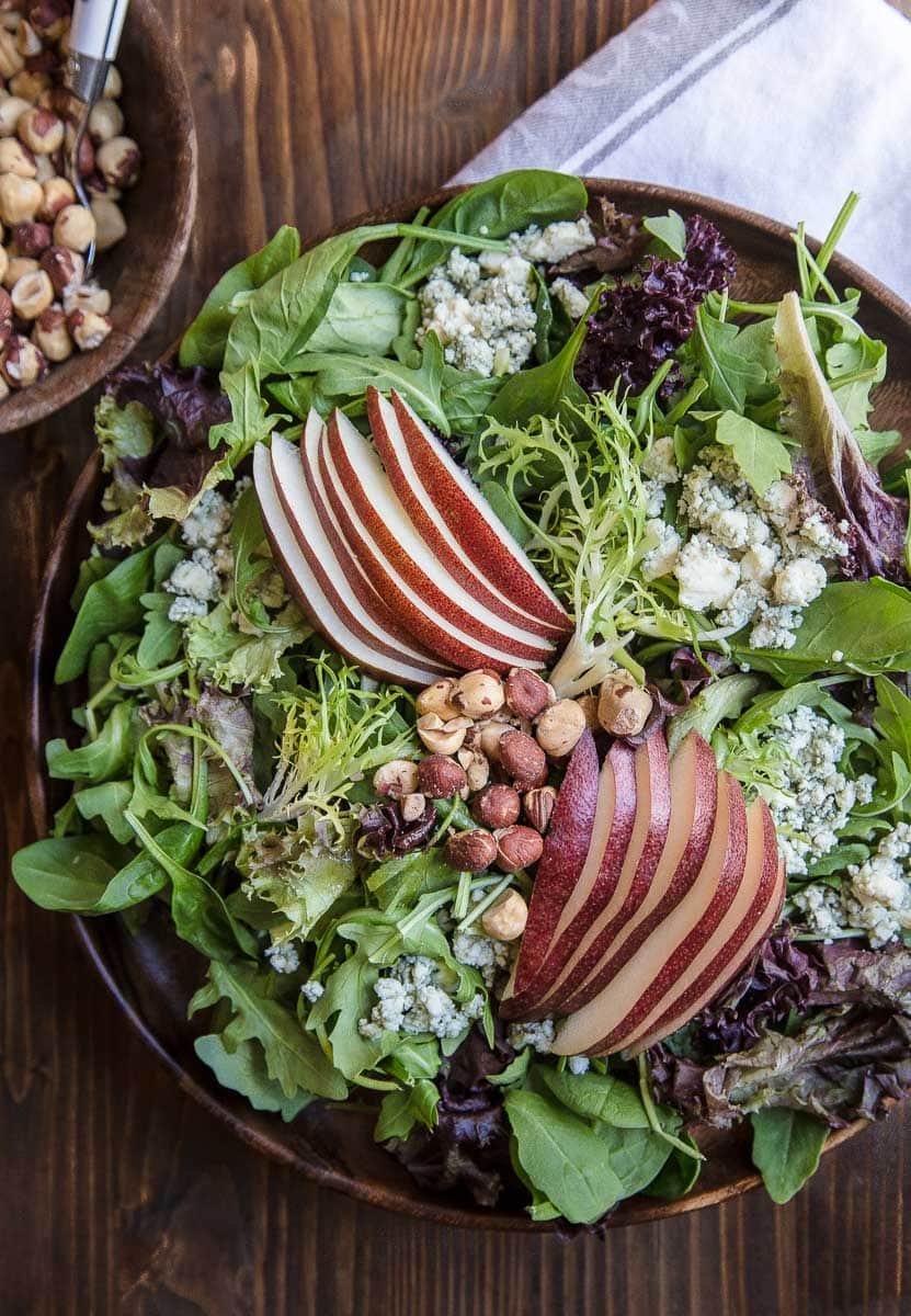 Fall Chopped Salad: Hazelnuts, Pears, Bleu Cheese, and Mixed Greens