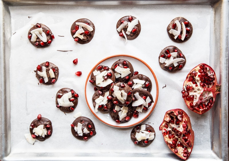 Easy chocolate bark with pomegranate and coconut @dessertfortwo
