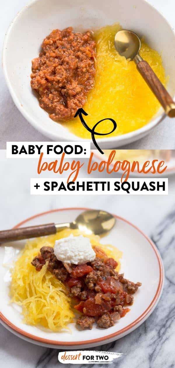 Bowl of baby beef puree with spaghetti squash puree.