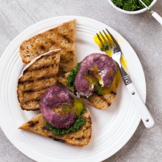 Red Wine Poached Eggs on Kale Toast
