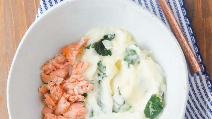 Salmon puree for baby with potato and kale puree