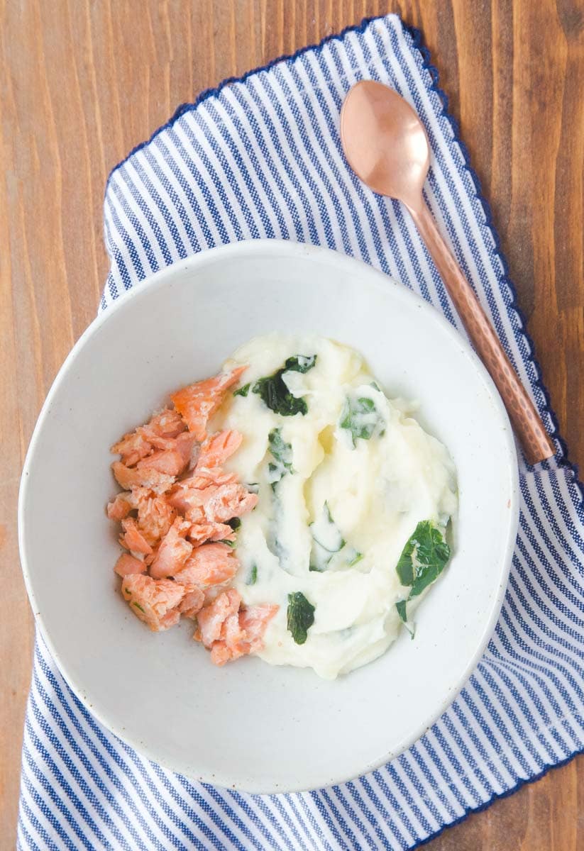 Salmon puree for baby with potato and kale puree