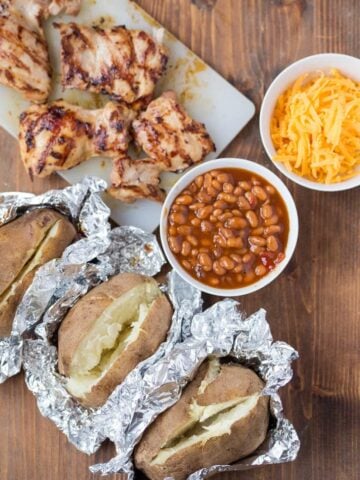 Stuffed Baked Potatoes: Barbecued Chicken Stuffed Potatoes with Baked Beans