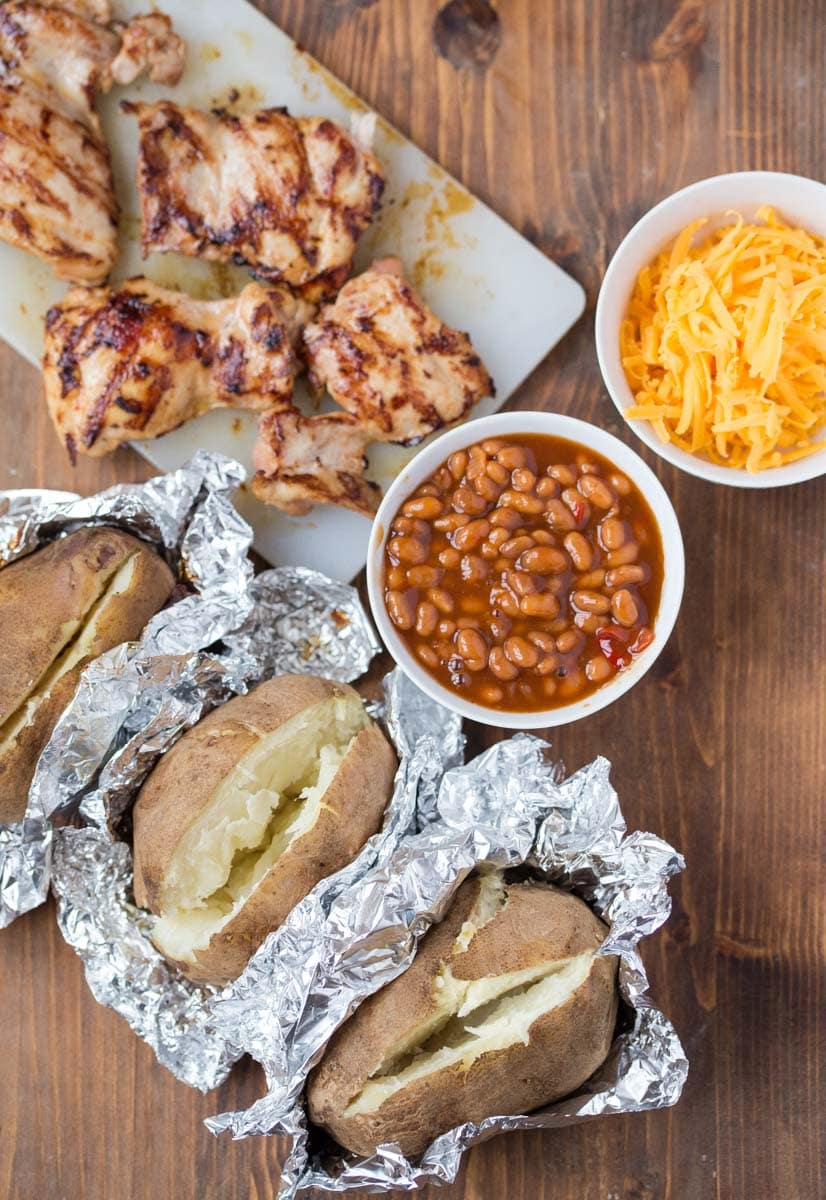 Stuffed Baked Potatoes: Barbecued Chicken Stuffed Potatoes with Baked Beans 