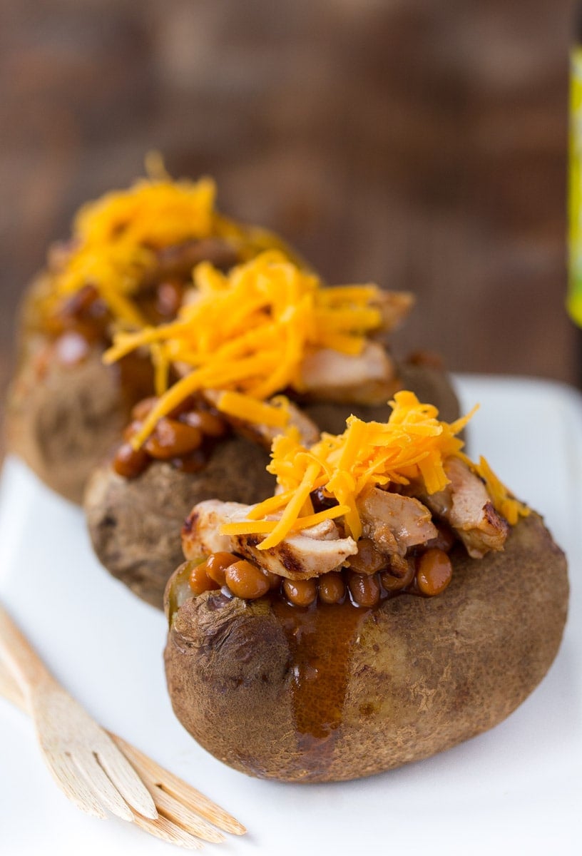 Barbecue stuffed baked potatoes with beans and cheese