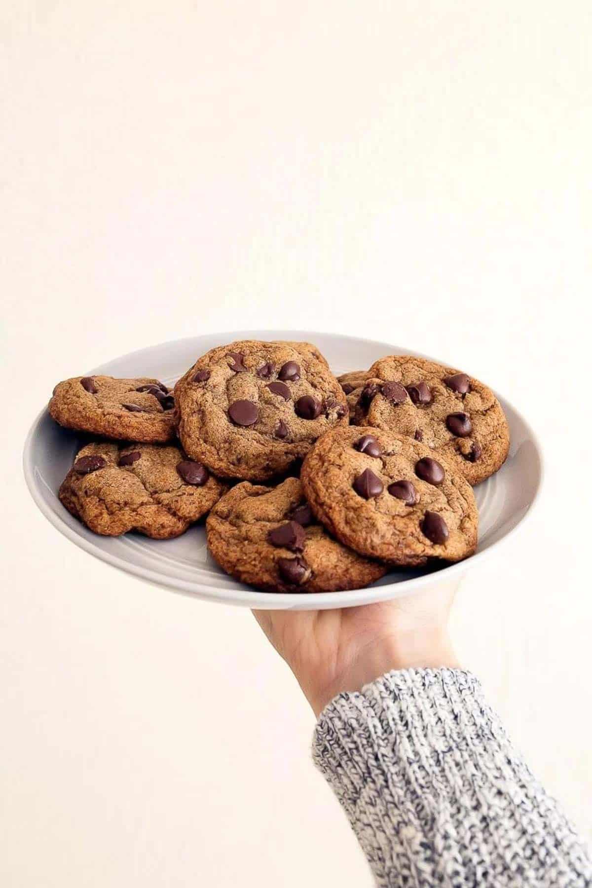 Arm wearing sweater holding up a grey plate of healthy chocolate chip cookies.
