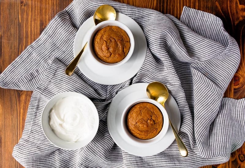 Pumpkin cake made in ramekins to serve two. So easy to be vegan, too!
