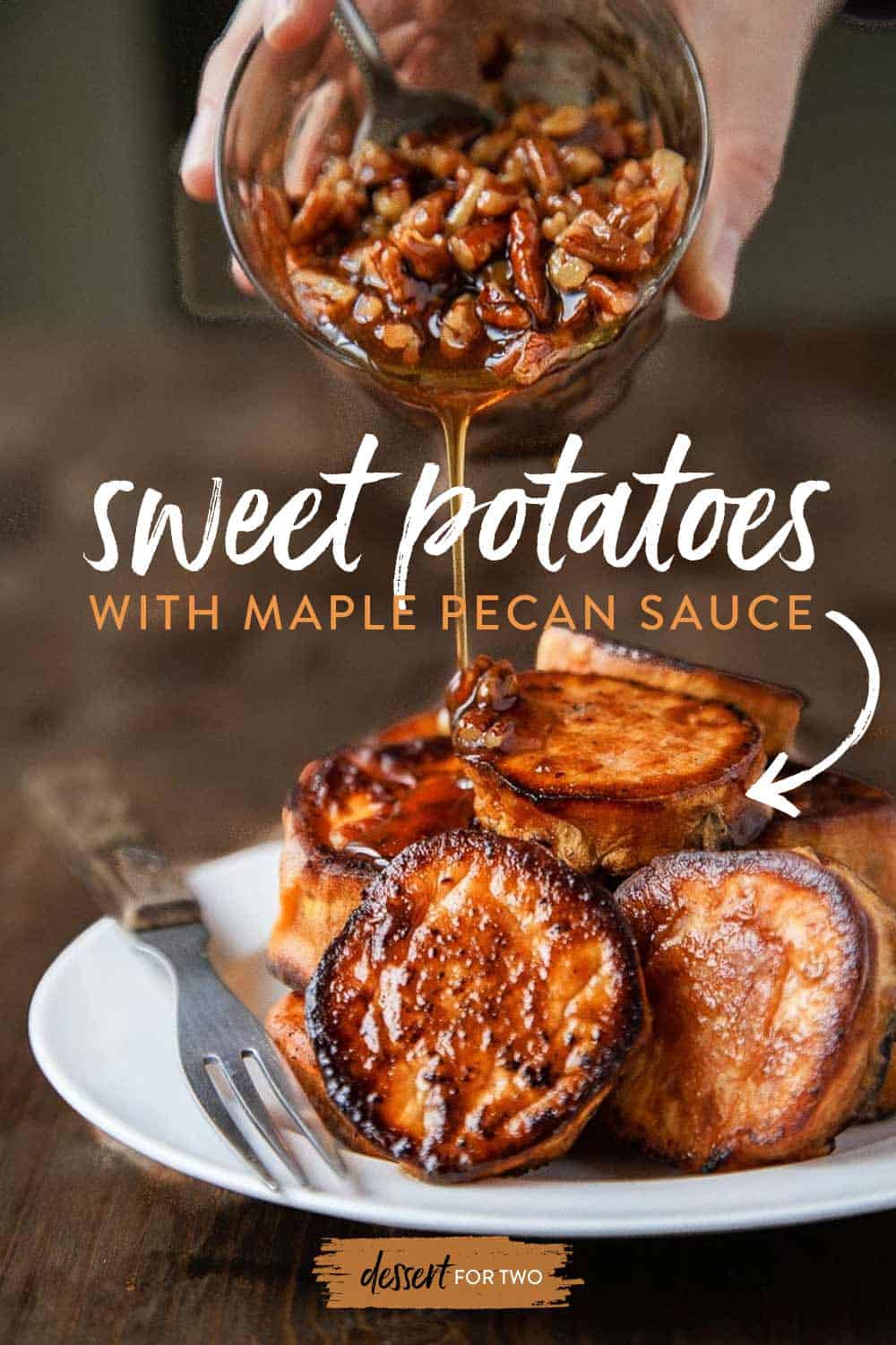 Melting Sweet Potatoes with Maple Pecan Sauce. Perfect roasted sweet potatoes with a sweet maple sticky sauce. Like regular melting potatoes, but made with sweet potatoes!