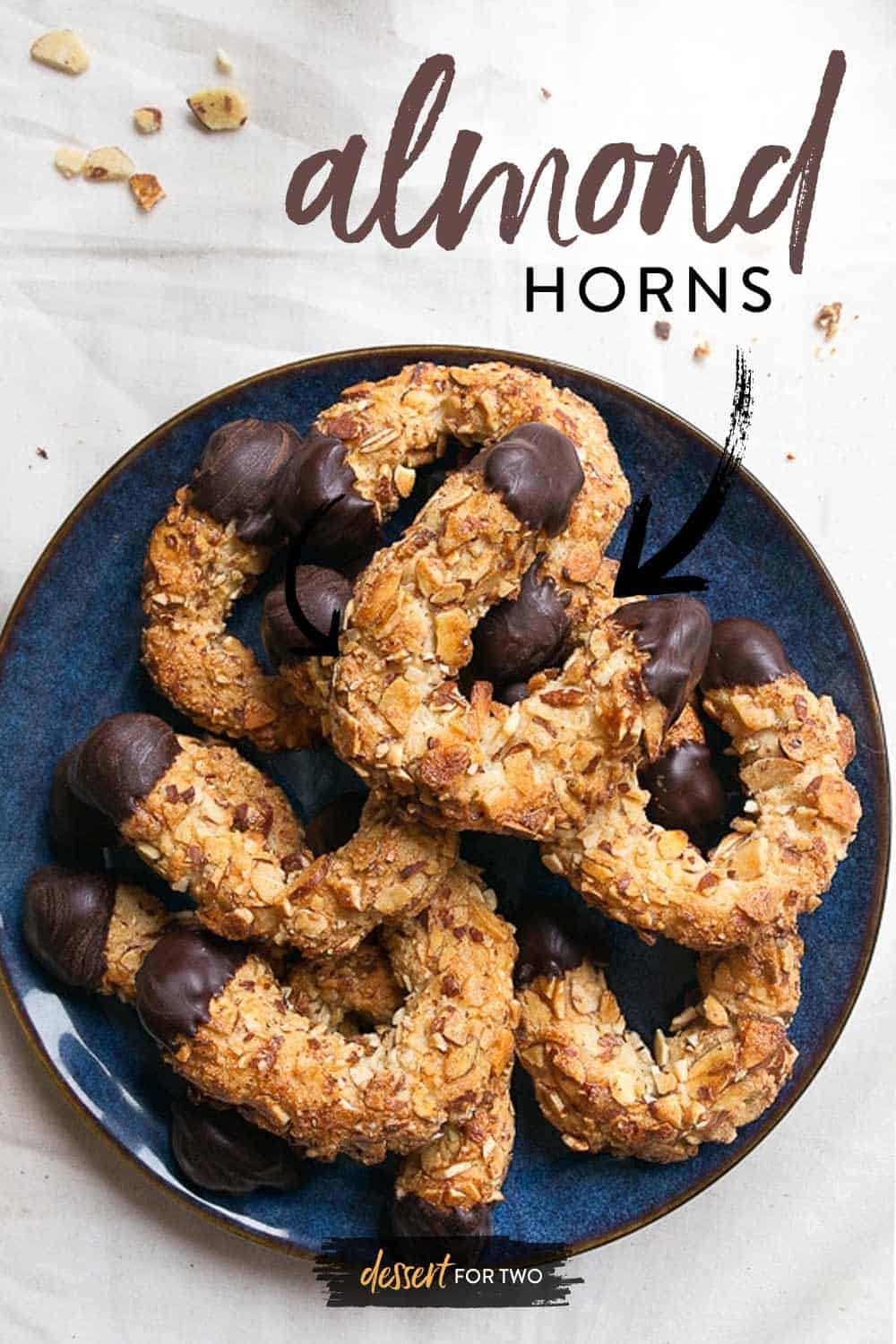 Almond horns: Chocolate dipped almond horn cookies. Naturally gluten free, made with marzipan, almond flour and egg whites.