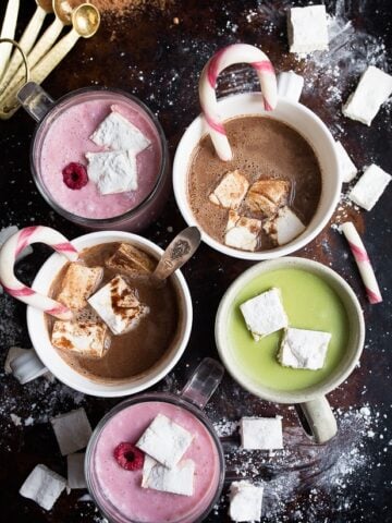 Homemade Hot Cocoa Recipes: raspberry hot cocoa, matcha hot chocolate, and regular hot chocolate recipes.
