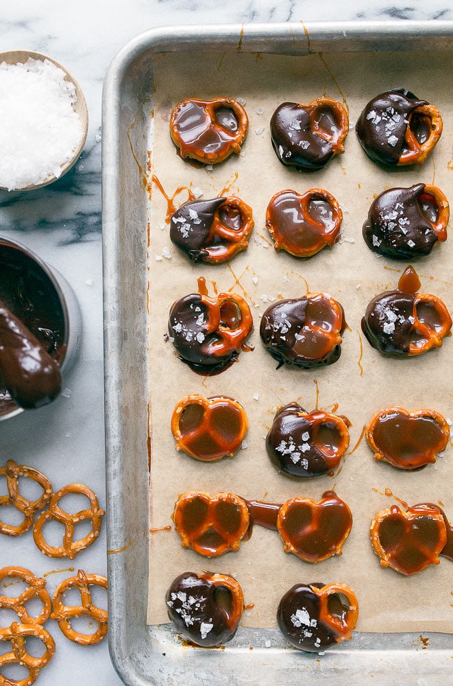 Chocolate caramel pretzel bites: Caramel covered pretzels. By dessert for two