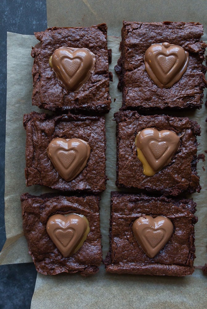 Caramel Brownies in a 8x8 pan for Valentine's Day dessert for two