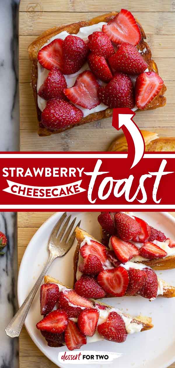 Strawberry toast with cheesecake spread! Use toast to make lazy girl cheesecake: toasted brioche covered in an easy cheesecake dip topped with strawberries.