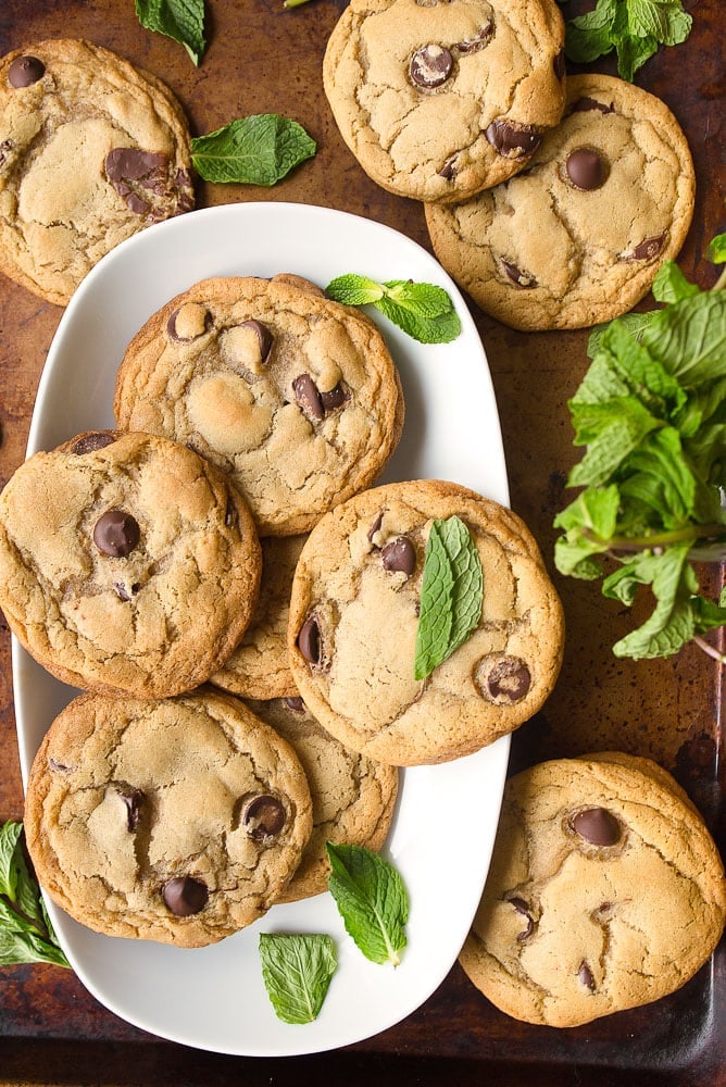 Chocolate chip cookie recipe with mint leaves