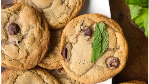 Chocolate chip cookie recipe with mint leaves