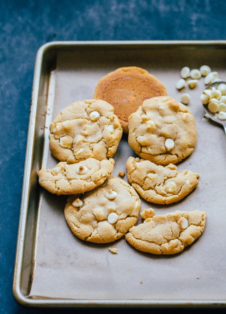 Soft and chewy white chocolate chunk macadamia nut cookies. Small batch recipe makes 6 cookies