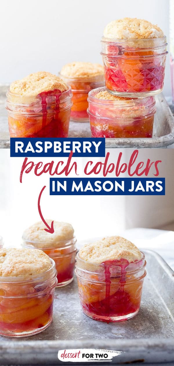 Raspberry peach pie in clear glass jars.