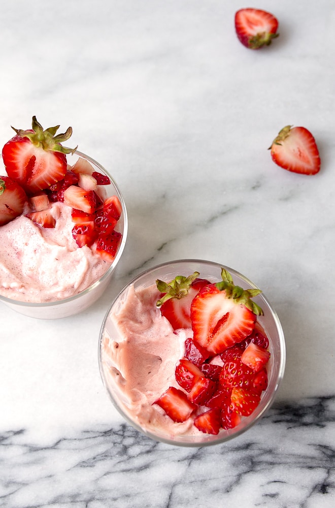 Easy strawberry mousse made with fresh strawberries. Fruit dessert serves two.